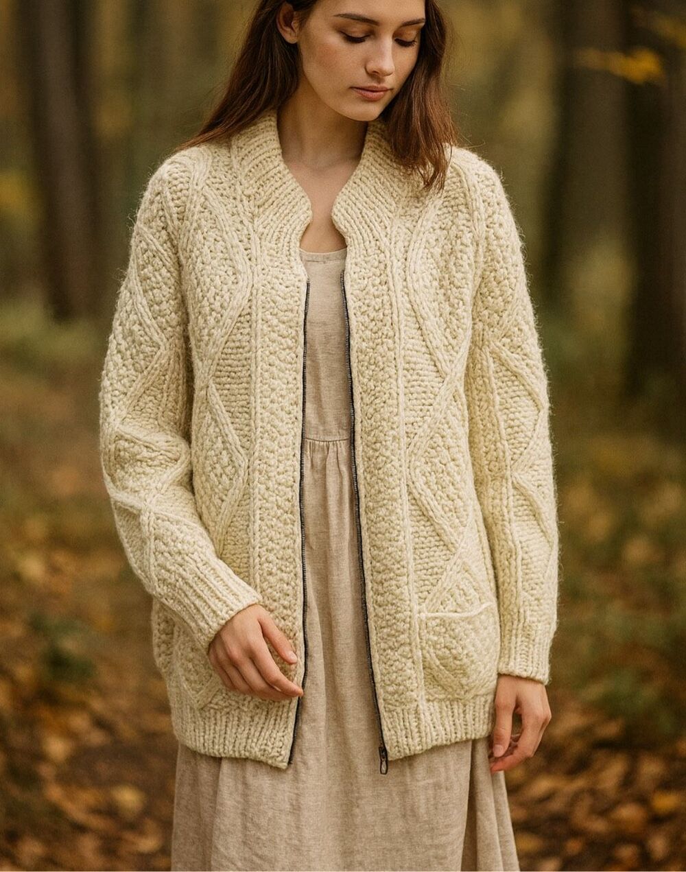 Vintage Imbacocha 100% Wool Fisherman Cable Knit Zip Cardigan L XL